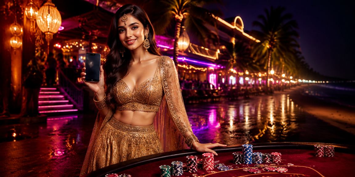 Goa nightlife with festive lights and players making deposits